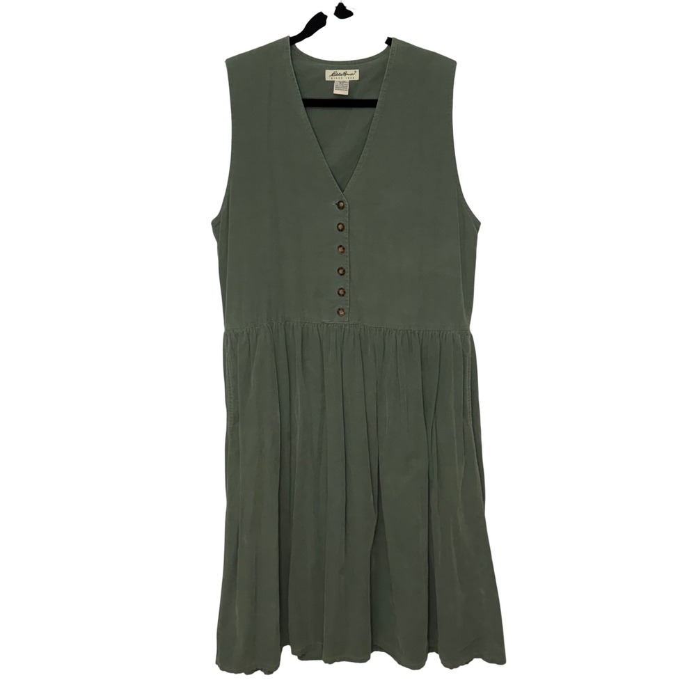 Eddie Bauer Womens‎ Olive Green Corduroy V-Neck Button Front Jumper Dress Small